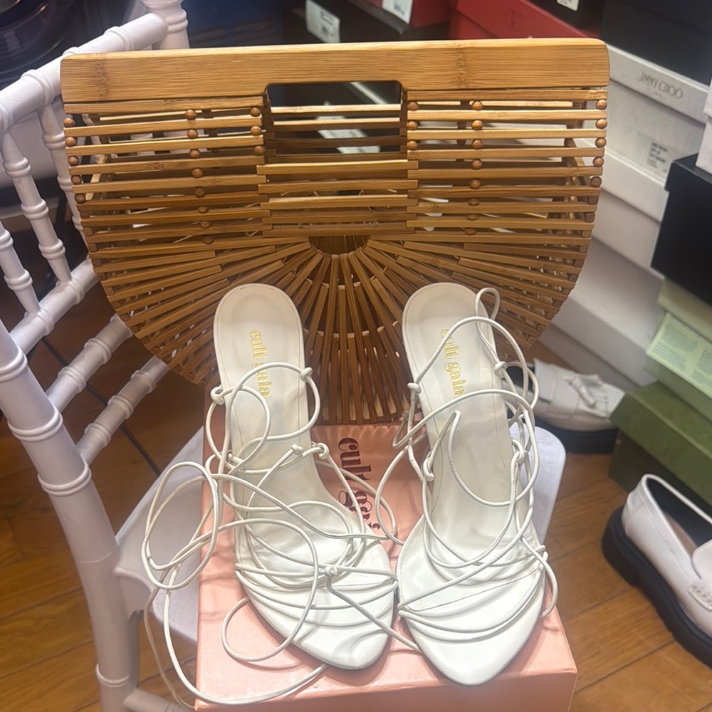Cult Gaia White Strappy Heels and cult Gaia purse